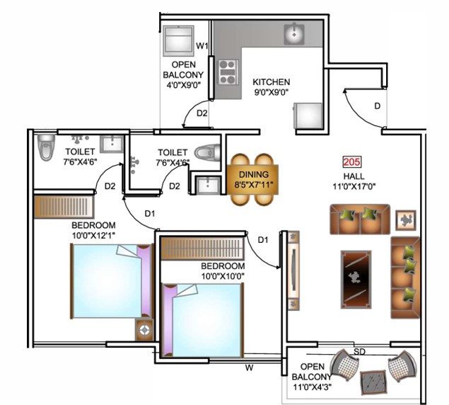 2 BHK floor plan